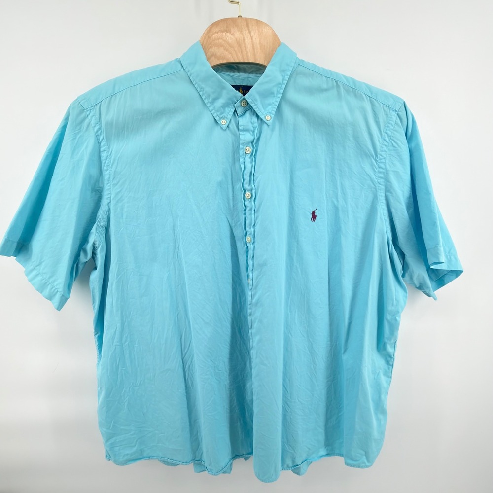 Ralph Lauren Button Down Shirt Mens 3XB Turquoise Feather Weight Twill Short Slv